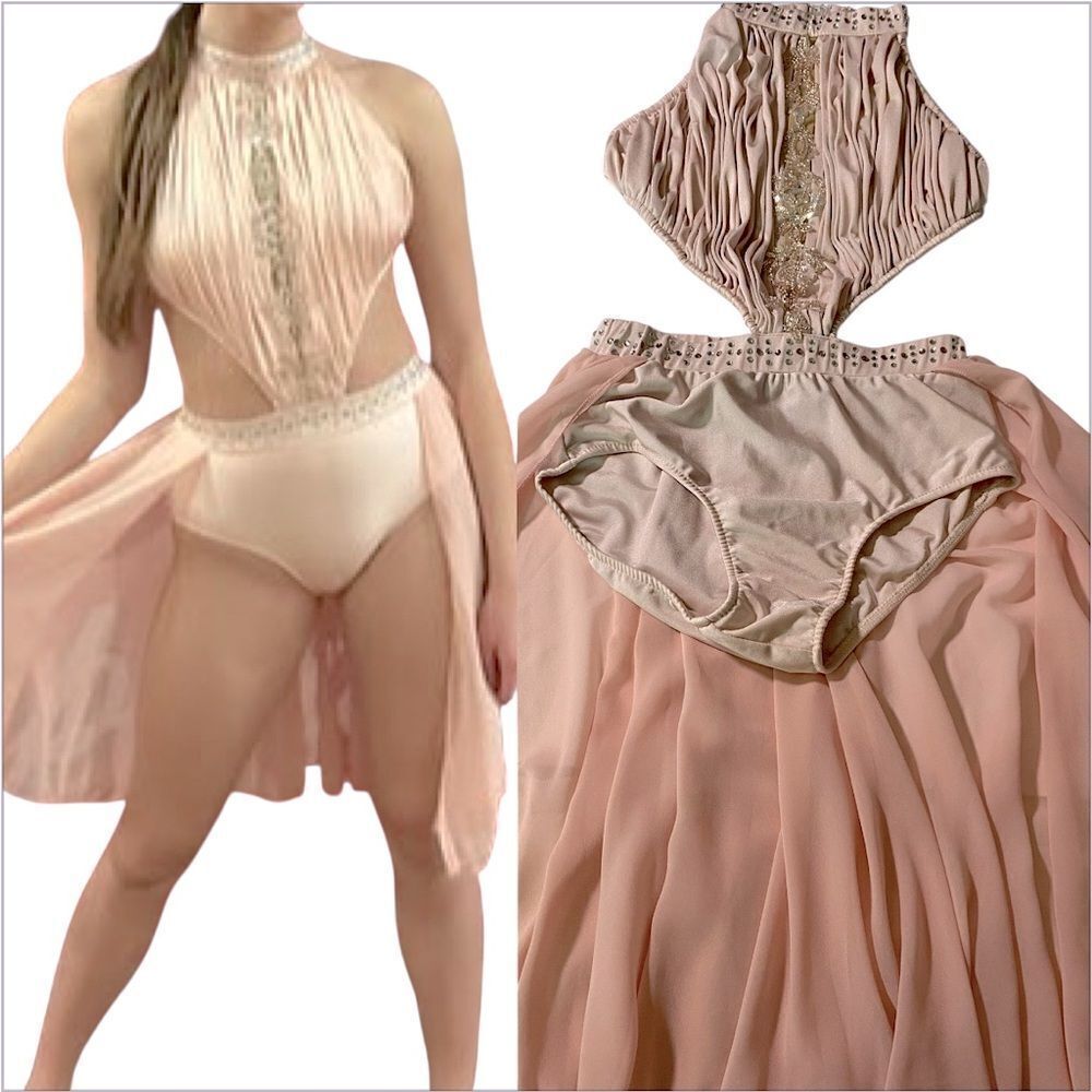 Glamour competition solo lyrical dance costume blush pink drape dress MA adult
